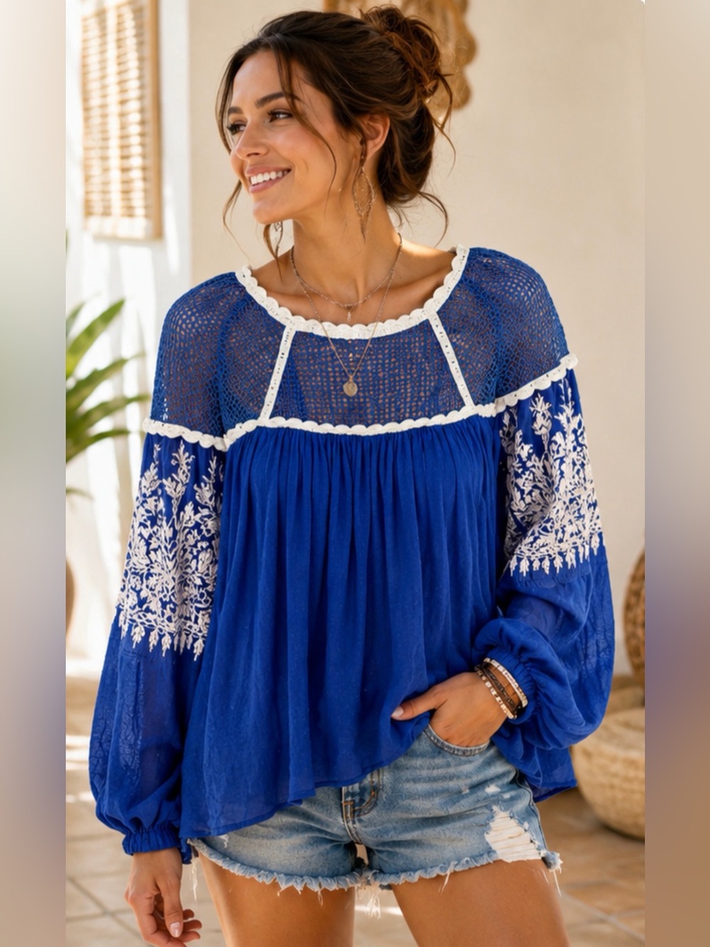 Free People Royal Blue Boho Peasant Blouse with White Embroidery